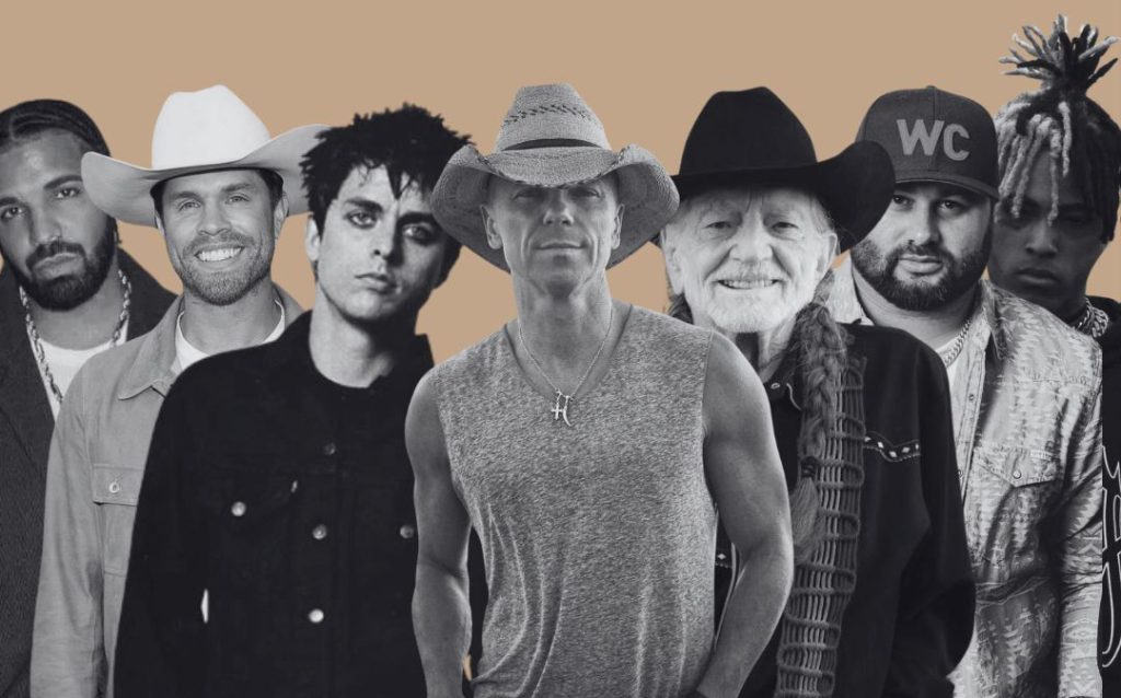 Drake, Dustin Lynch, Billy Joel Armstrong, Kenny Chesney, Willie Nelson, Koe Wetzel, XXXTentacion