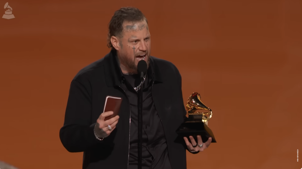 Jelly Roll holding his bible during Grammys acceptance speech
